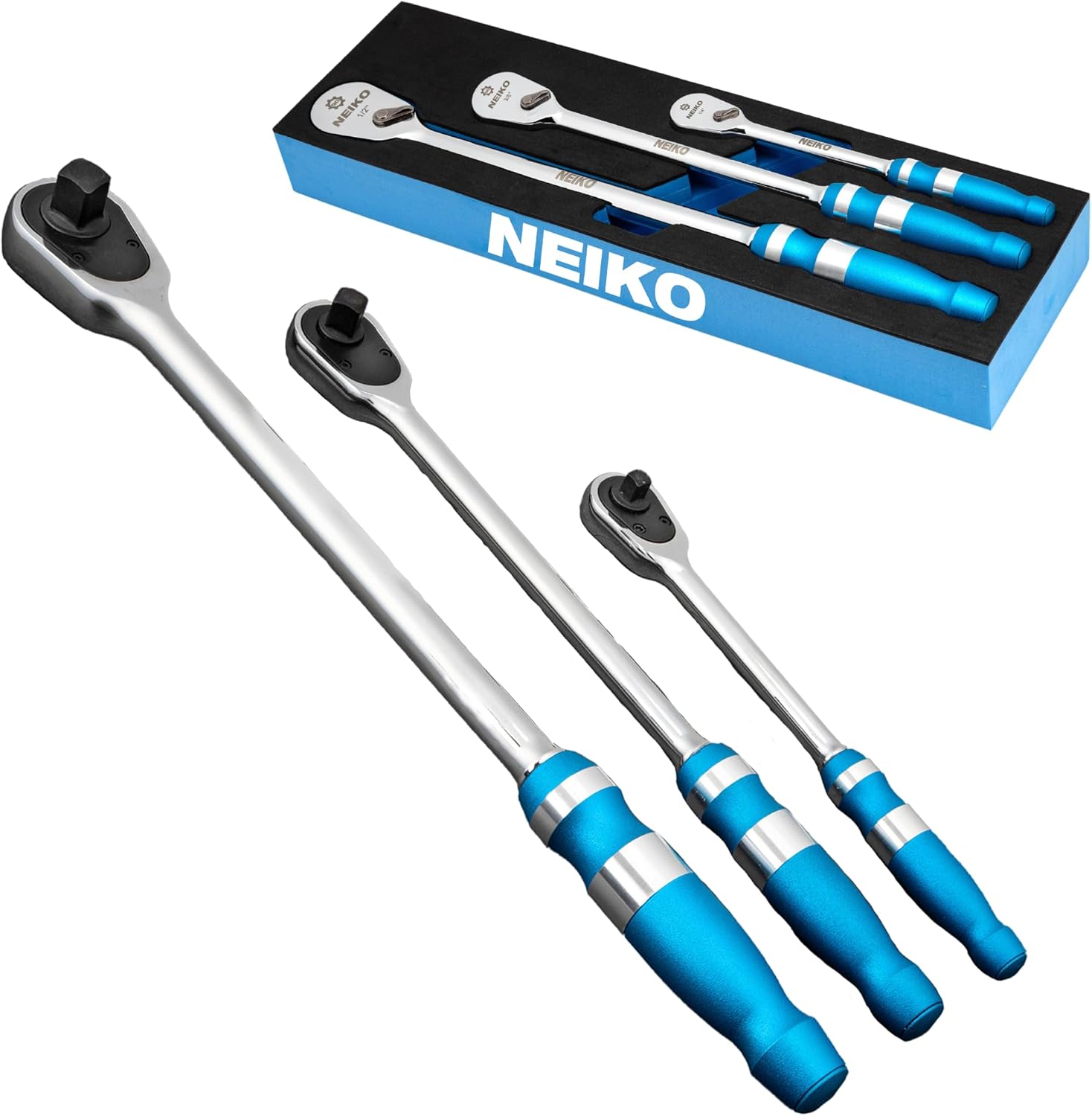 NEIKO 03006A Flat Head Ratchet Set - 3 Piece Low Profile 1/4, 3/8, 1/2 Inch Drive, 90 Teeth, Anodized Textured Grip Handle, Long Handle, Sealed Head, Cr-Mo - Image 1