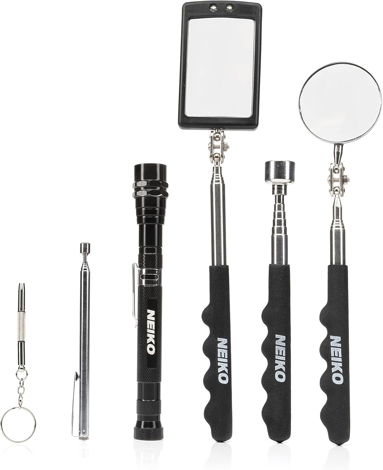 NEIKO 20736A (6) Piece Set, Magnetic Tool & Telescoping Mirror Set, Adjustable Telescoping Magnetic Pickup Tool, Flashlight 15lb Retriever Tool, 360 Swivel, Magnet Mirror, Magnetic Tools for Mechanic - Image 1