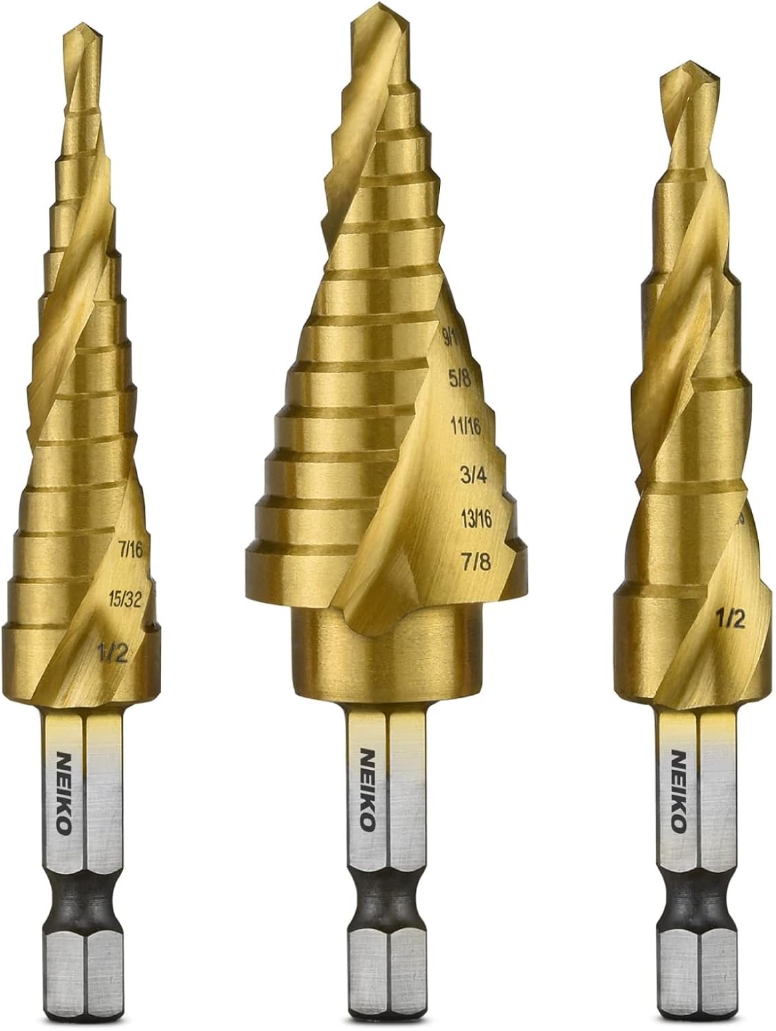 NEIKO 10181A Step Drill Bit Set, 3 Piece, Spiral Grooved for Faster Drilling, Step Bits for Stainless Steel, Metal, Wood, Plastic, Unibit Cone Drill Bits with 31 Step Sizes Total (Pack of 10) - Image 1