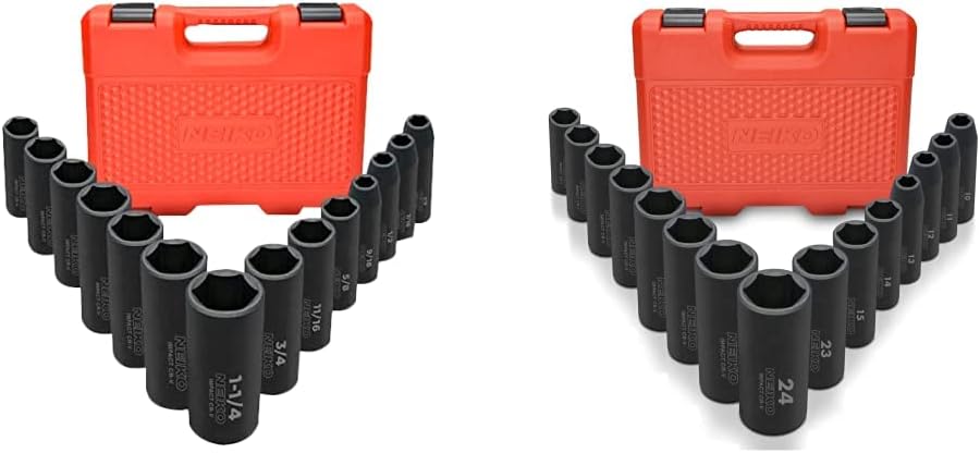 Neiko 1/2" Impact Socket Set, 14 Piece SAE Deep Socket Set (3/8-Inch to 1-1/14") and 15 Piece Metric Deep Socket Set (10-24 mm) - Image 1
