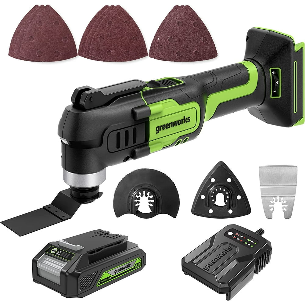 Greenworks 24V Cordless Multi-Tool, Oscillating Tool for Cutting/Nailing/Scraping/Sanding with 6 Variable Speed Control, 2.0Ah Battery, 2A Charger and 13 Accessories Included - Image 1
