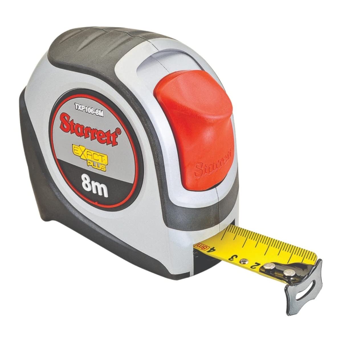 Starrett Exact Plus Retractable Metric Pocket Tape Measure with Nylon Coating and Black Anodized Steel Belt Clip - 1.06" Width, 8m Length - KTXP106-8M-N - Image 1