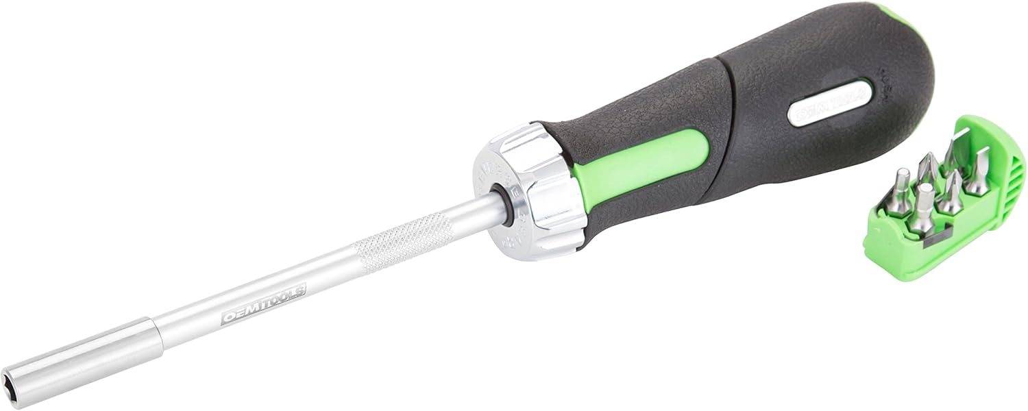OEMTOOLS 22557 Pivot-Grip Ratcheting Screwdriver, Adjustable Angle Screwdriver, Ratcheting Screwdriver Set with Magnetic Bits - Image 1