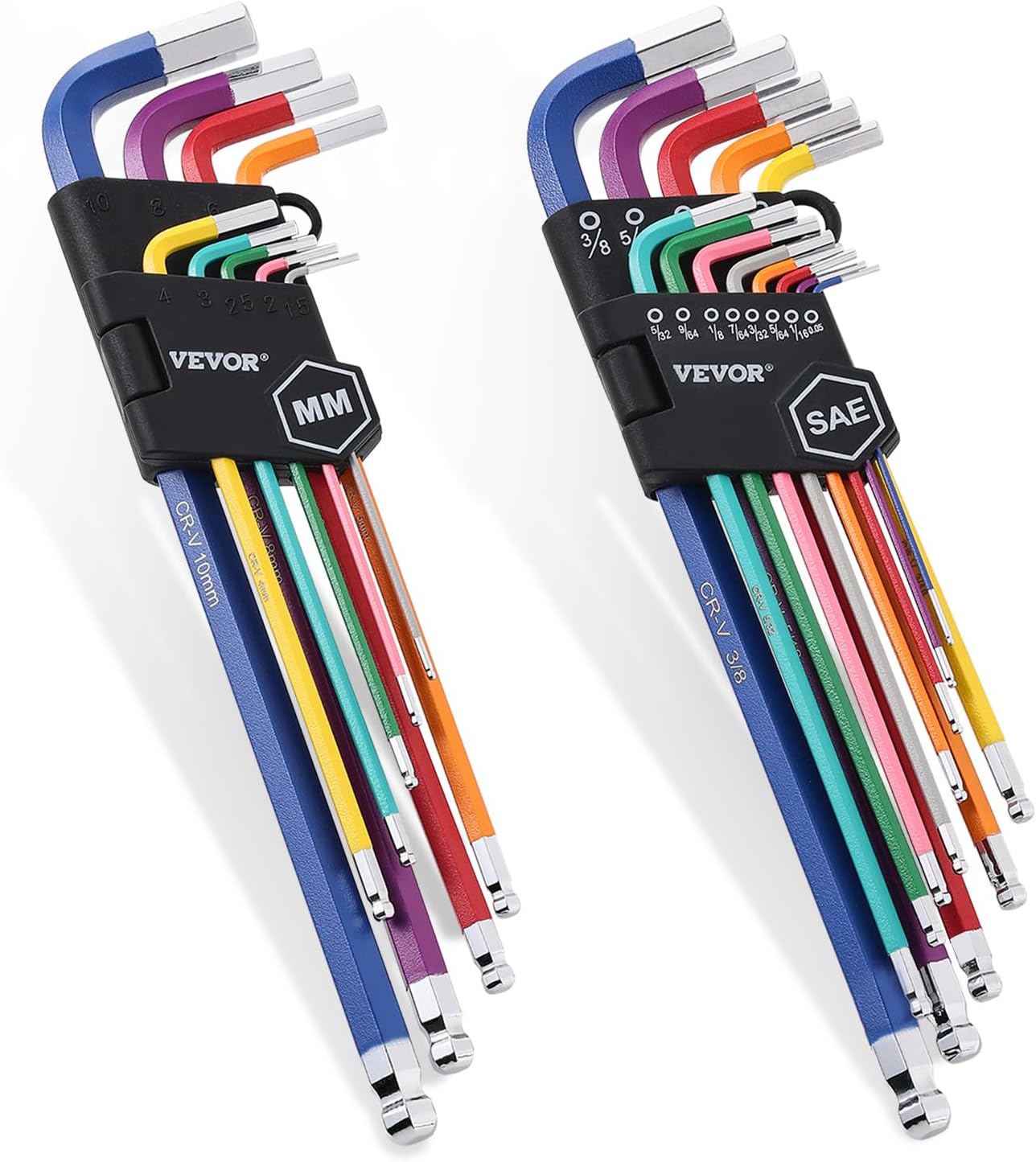 VEVOR Hex Key Allen Wrench Set, 22 pcs SAE (0.050-3/8 in) and Metric (1.5-10 mm), Color Coding Allen Wrenches Sets with Ball End, Long Arm L-Shaped Hex Key for Bicycle, Household, Automobile Repair - Image 1