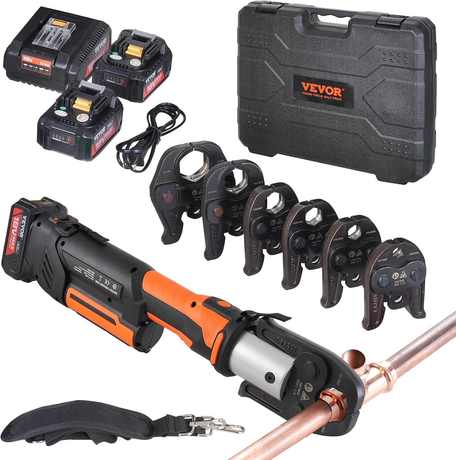 VEVOR ProPress Tool, 18V Electric Pipe Crimping Tool for 1/2”, 3/4”, 1”, 1 1/4", 1 1/2", 2" Copper Pipes, Press Tool Kit with Brushless Motor, 6 Pro Press Jaws, 2pcs 4AH Battery - Image 1