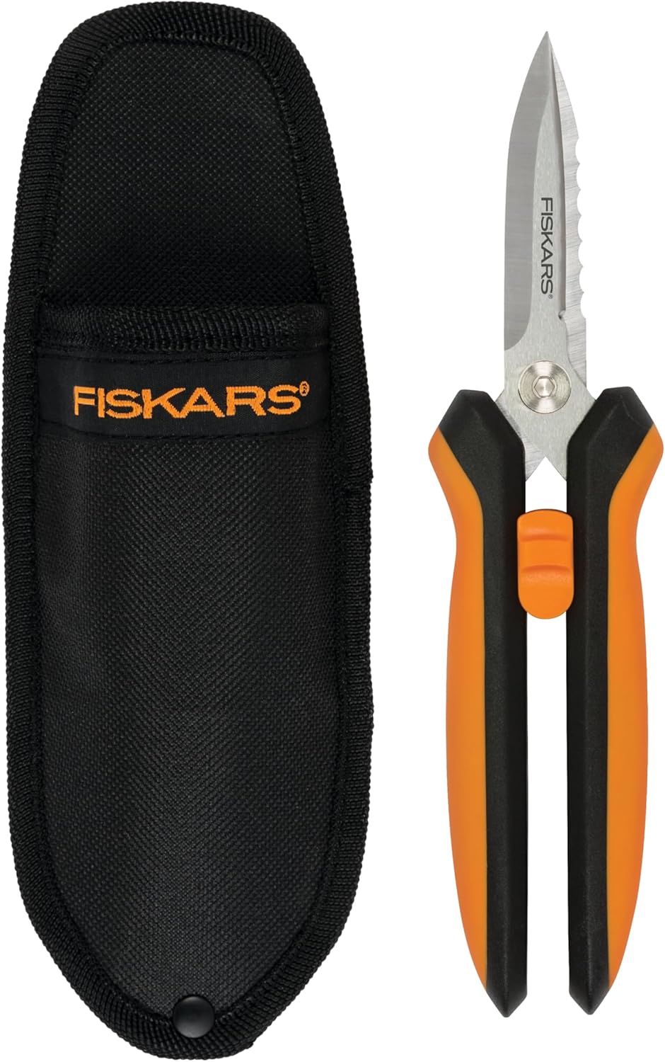 Fiskars Pruning Shears for Gardening, Multipurpose 8" Garden Shears with Sheath and SoftGrip Handle, Great for cutting Nursery Pots, Bags, and Wire - Image 1