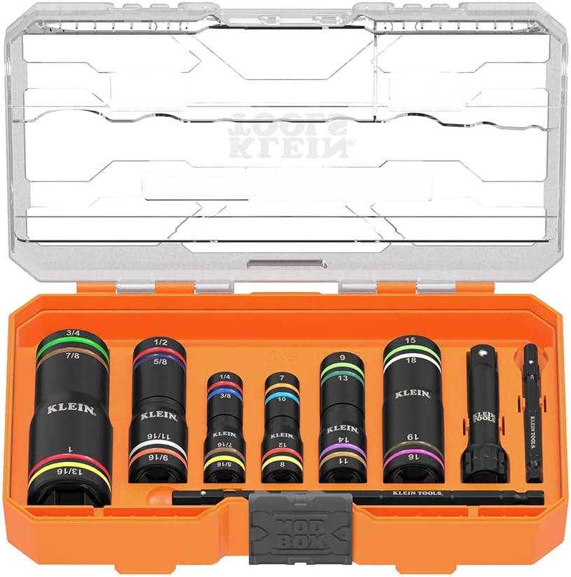 Klein Tools 656QS KNECT Quad Socket, 24 Sizes in 6 Sockets, 4-in-1 Color Coded SAE and Metric Impact Rated, Deep-Well Heavy-Duty, 1/4-and 3/8-Inch Drive, 3-1/2-and 6-1/2-Inch Shaft - Image 1