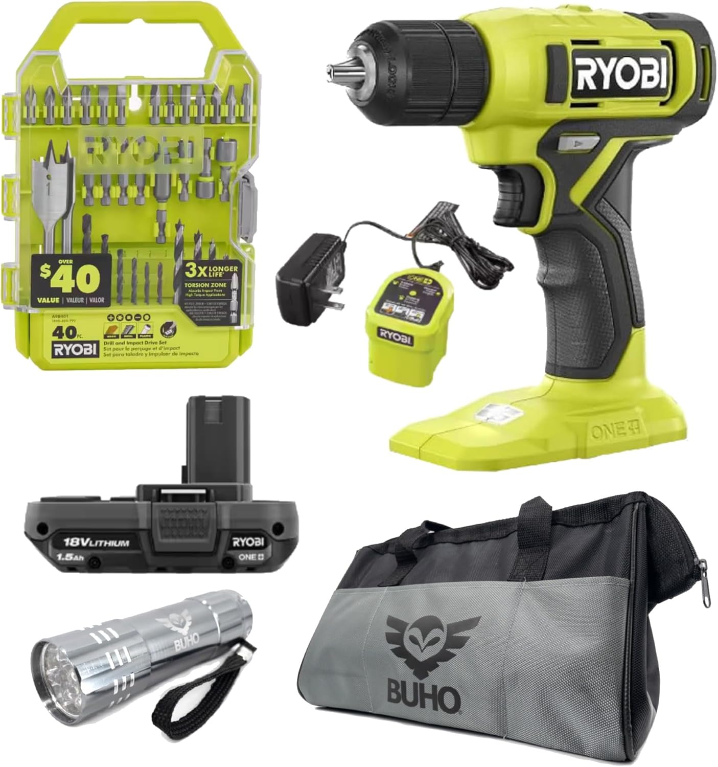 Drill Set Bundle with Ryobi 18V Cordless Drill, 1.5 Ah Lithium-ion Battery, 18-Volt Battery Charger, 40 Piece Multipurpose Drill Bits, and Buho 16 Inch Tool Bag with Outside Pockets - Image 1