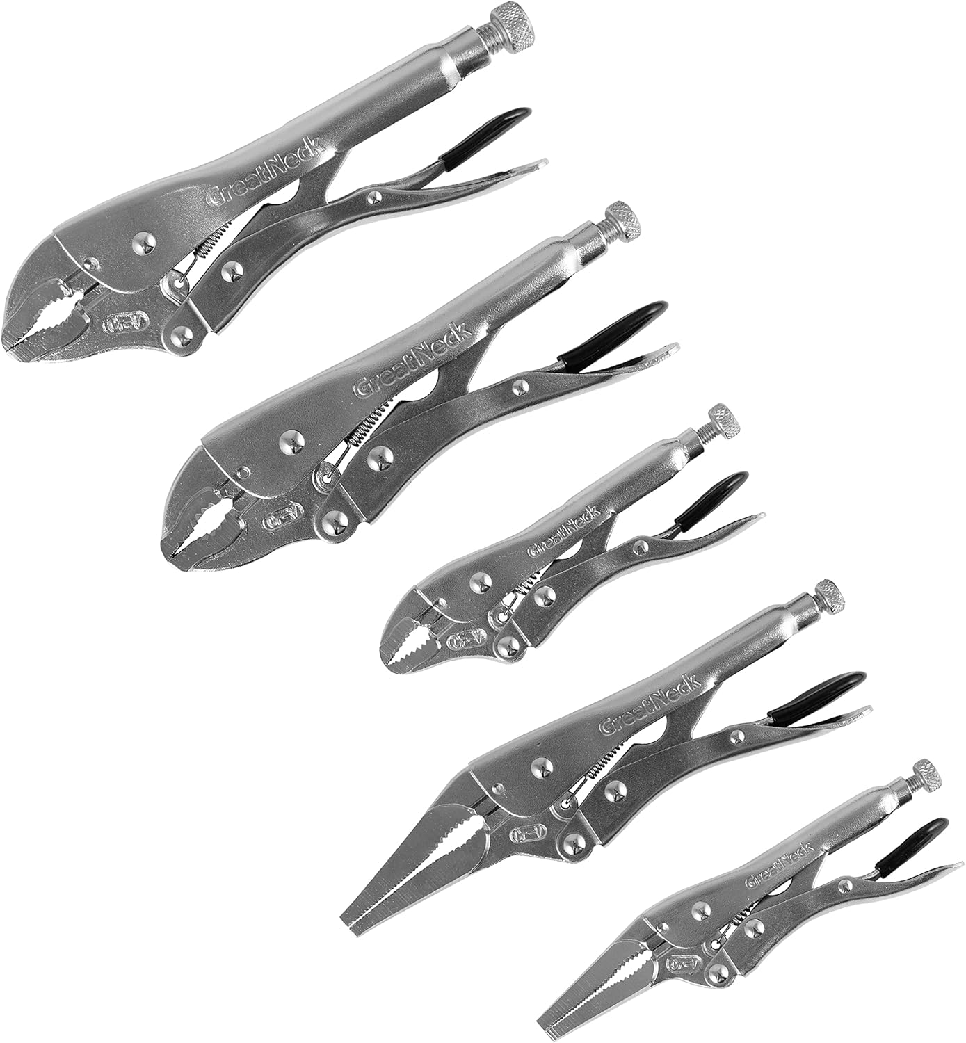 GreatNeck 74230 5-Piece Locking Plier Set – Curved & Long Nose Pliers with Plastisol Trigger Release, Diagonal Tooth Grip, Wire Cutter & Storage Pouch – Durable Alloy Steel Construction - Image 1