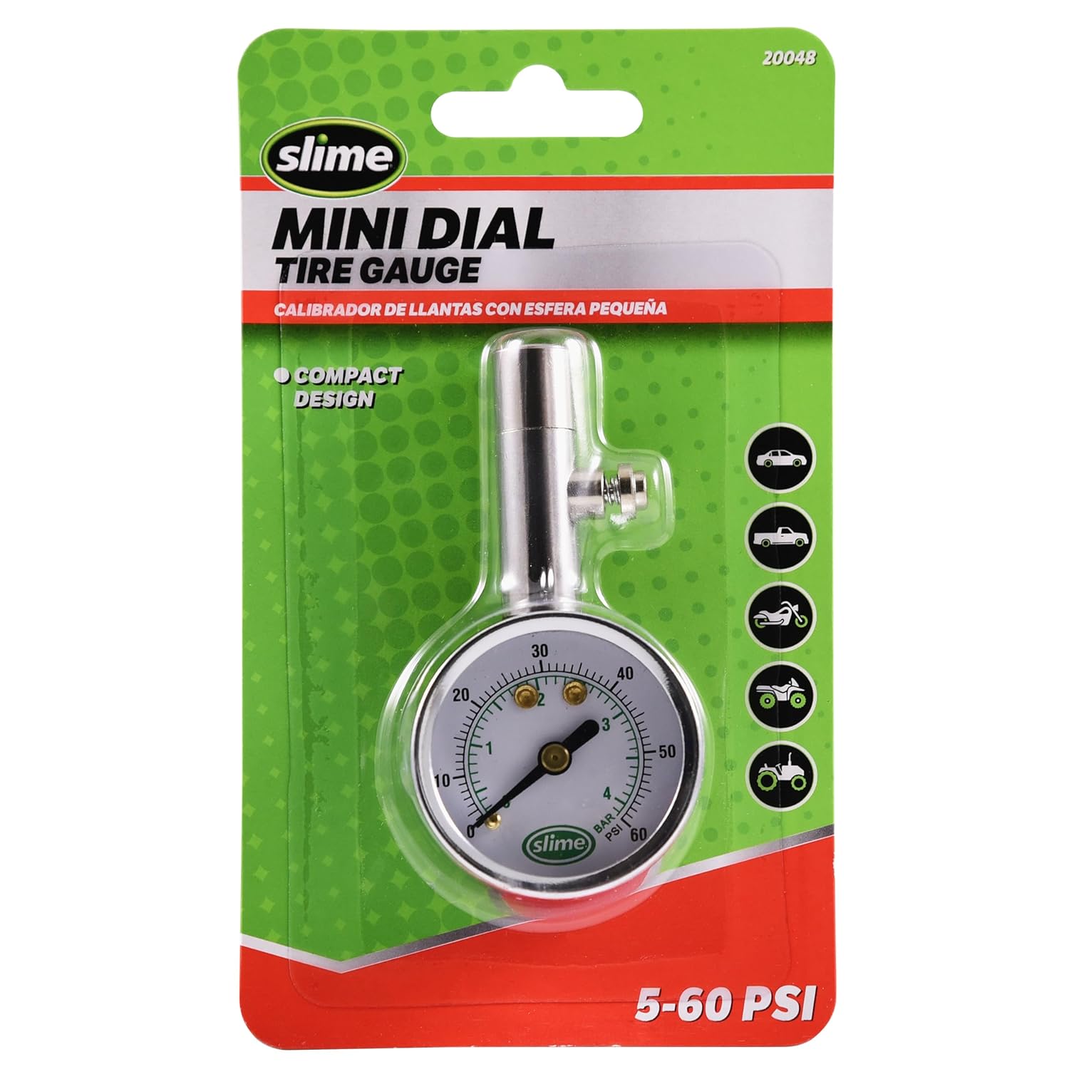 Slime 20048 Dial Gauge, Analogue, Mini, 5-60 psi with Bleeder Valve - Image 1