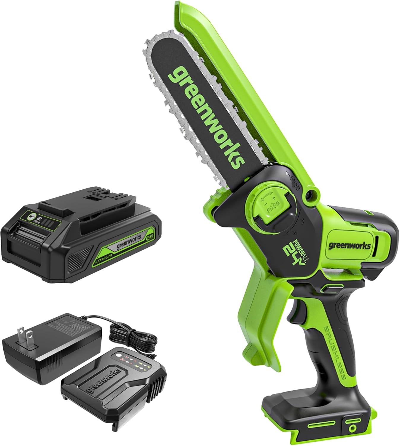 Greenworks 24V 6" Mini Chainsaw Cordless , Small Cordless Handheld Saw, 2.0Ah Battery and Charger Included, for Tree Trimming and Pruning - Image 1