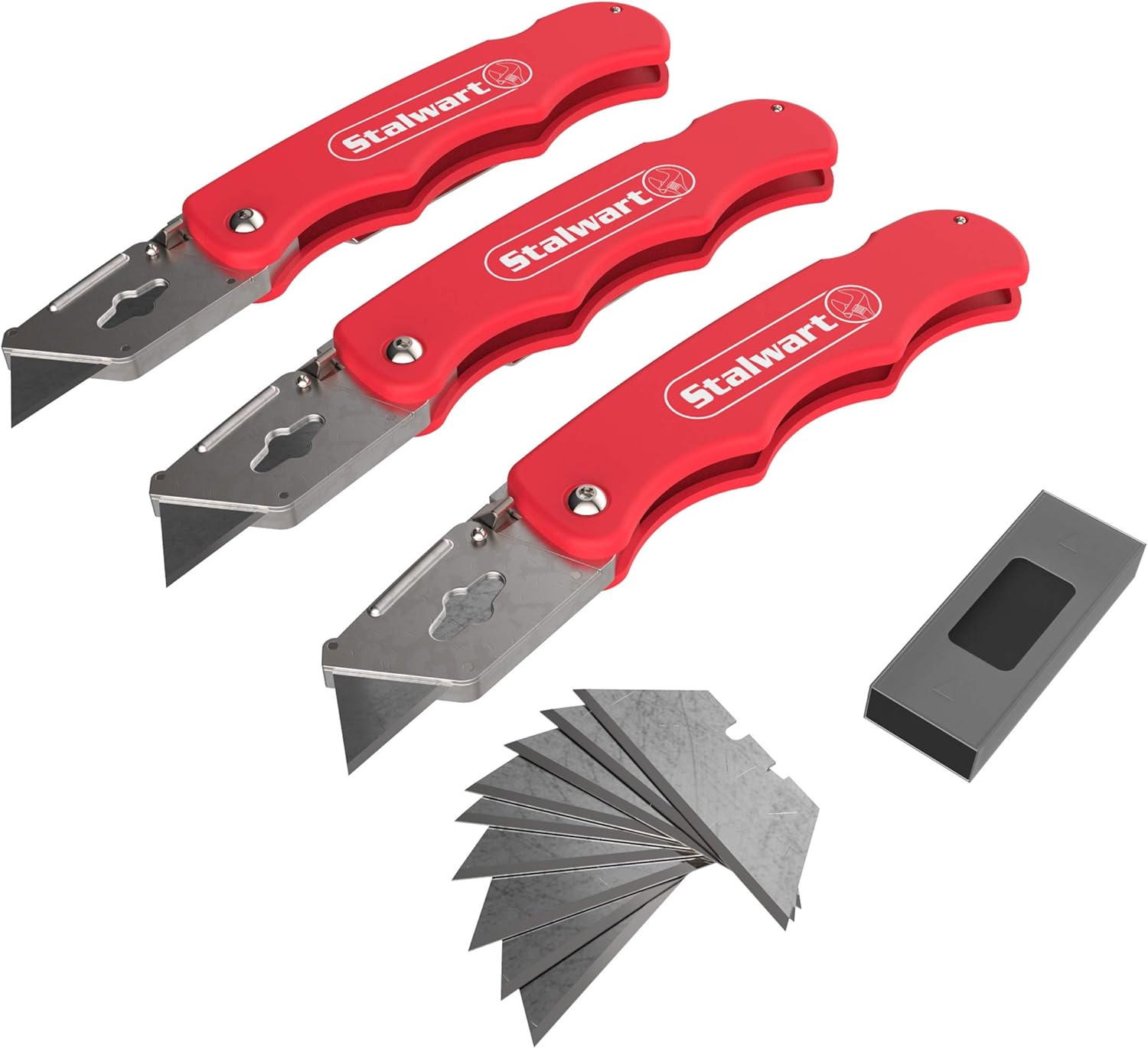 Set of 3 Utility Knives - Heavy-Duty, Folding, Retractable Box Cutters with Aluminum Handle, Blade Lock, Belt Clip, and 9 Extra Blades by Stalwart - Image 1