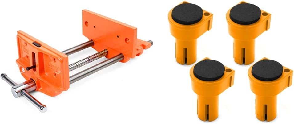 Pony Jorgensen 27091 Medium Duty Woodworker's Vise, Orange, Grey, 9-Inch By 7-Inch & POWERTEC 71528 8-Inch Workbench Holdfast Woodworking Clamps - Set of 2 - Image 1