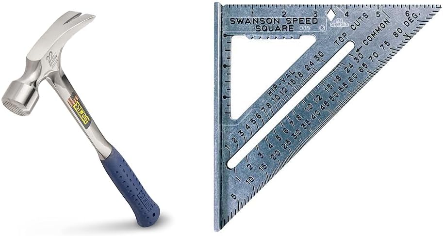 ESTWING Framing Hammer - 22 oz Long Handle Straight Rip Claw with Milled Face & Shock Reduction Grip - E3-22SM & SWANSON Tool Co S0101 7 Inch Speed Square, Blue - Image 1