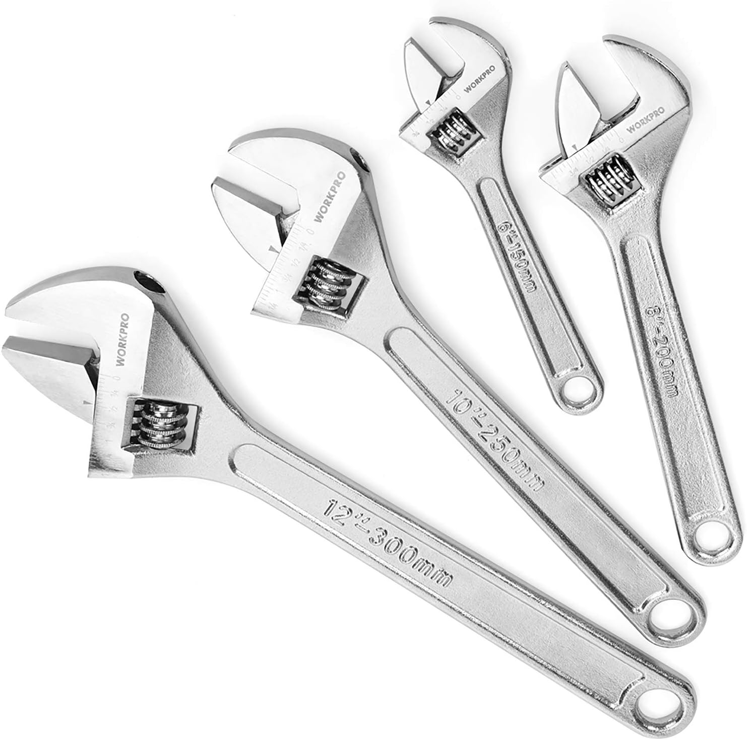WORKPRO 4-piece Adjustable Wrench Set, Forged, Heat Treated, Chrome-plated (6-inch, 8-inch, 10-inch, 12-inch) - Image 1