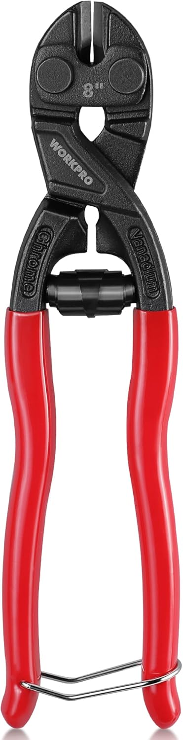 WORKPRO 8-inch Mini Bolt Cutter with Recess and Spring, Compact Bolt Cutters with Comfortable Soft Grip, Security Lock,CR-V Steel Blade for Wire, Cables, Chains, Small Screws - Image 1