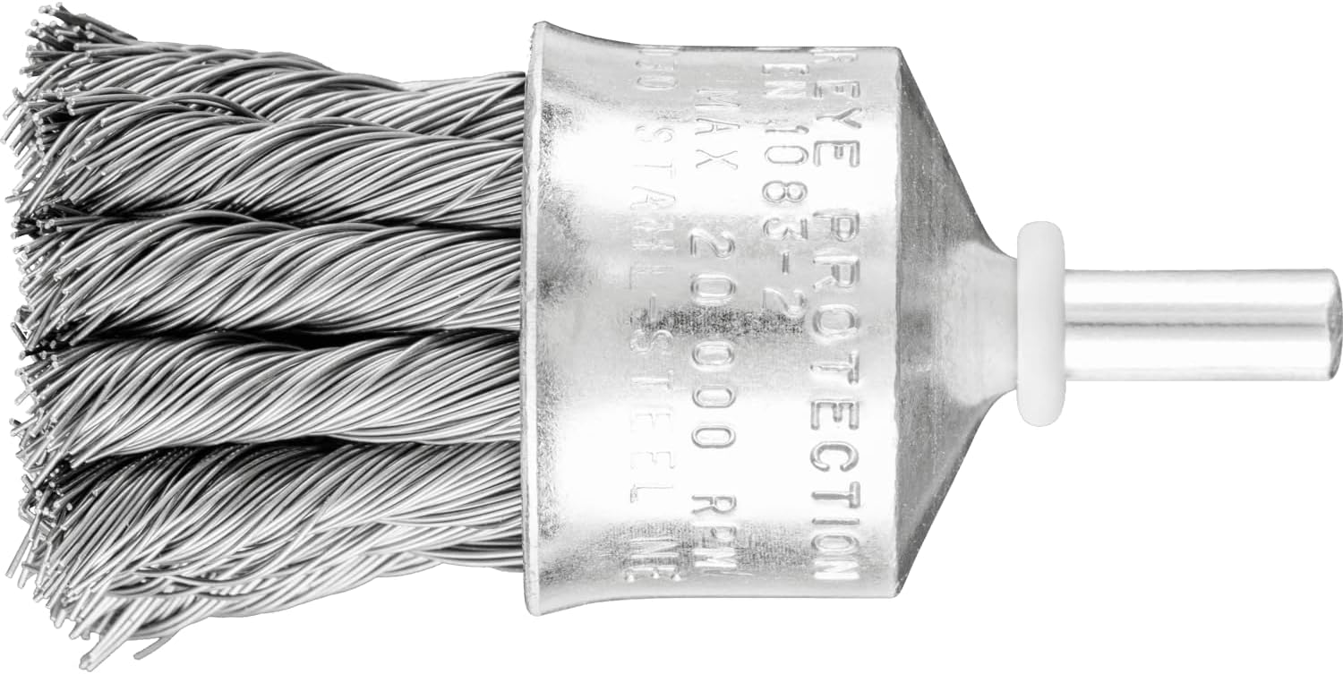 PFERD 83079 Stem Mounted Power Knot Wire End Brush, Round Shank, Carbon Steel Bristle, 1" Diameter, 0.014" Wire Size, 20000 Maximum RPM, 1/4" Shank Diameter - Image 1