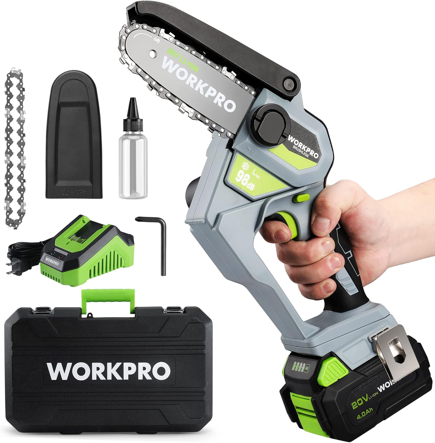 WORKPRO Mini Chainsaw, 6.3“ Brushless Cordless Power Compact Chain Saw with 4.0Ah Battery, 20V One-Hand Operated Portable Wood Saw with Replacement Chain for Garden Tree Branch Pruning, Wood Cutting - Image 1