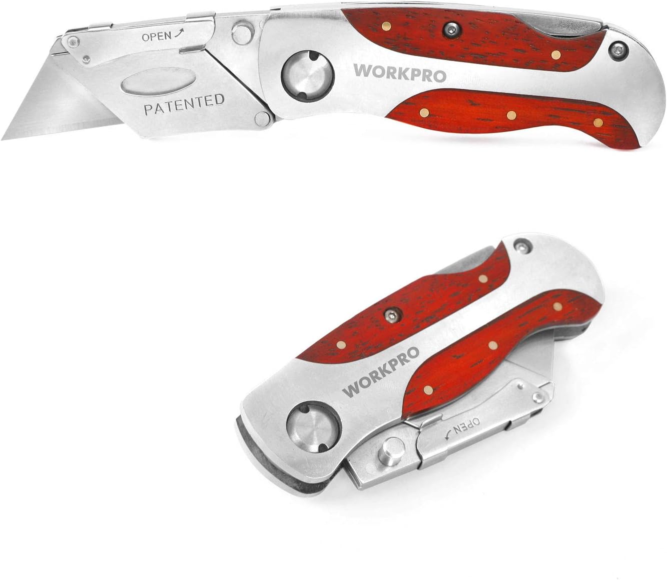 WORKPRO Quick-Change Utility Knife, Classical Retro Style Wood Grain Handle, Back Lock Folding Knife with Clip - Image 1