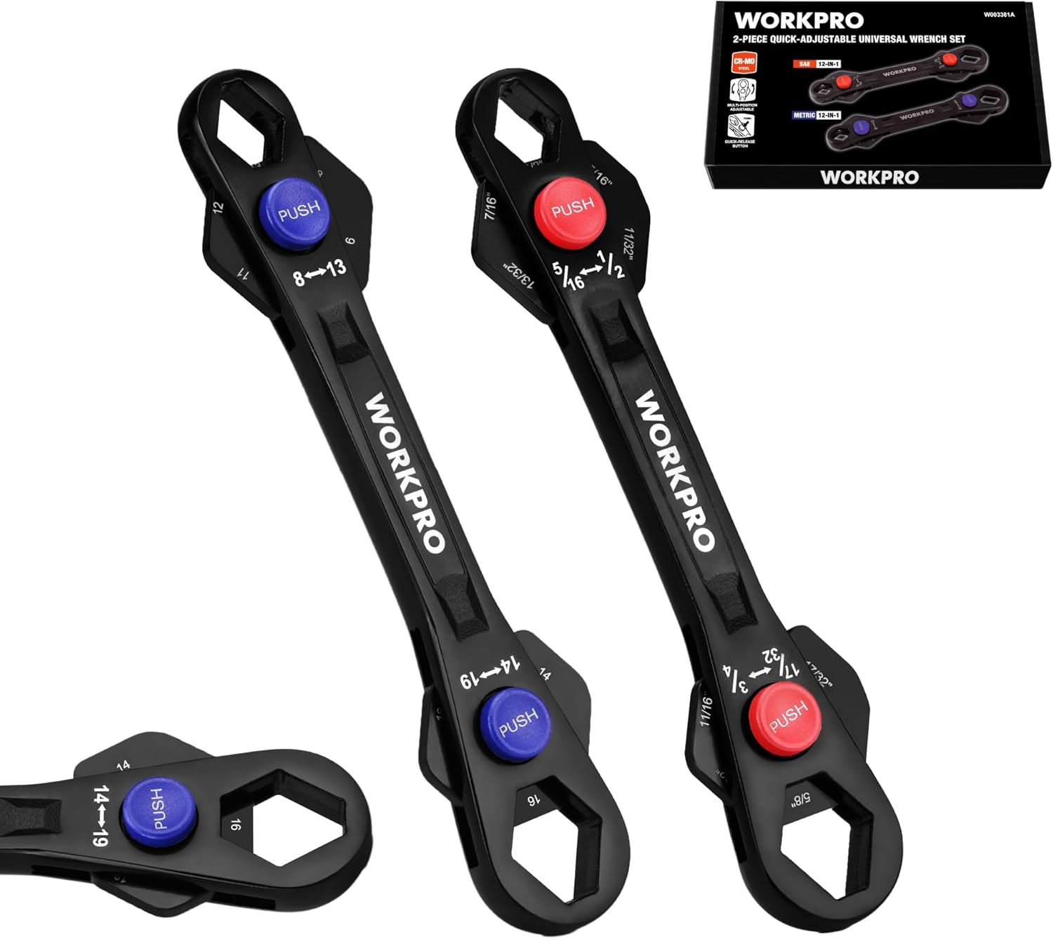 WORKPRO 2-Piece 12-in-1 Universal Adjustable Wrench Set, 8-19mm Metric & 5/16"-3/4" SAE Multi-Size Wrenches with Heat-Treated Cr-Mo Steel, ASME Standard, Multi-Position Head, for Home, Workshop, DIY - Image 1