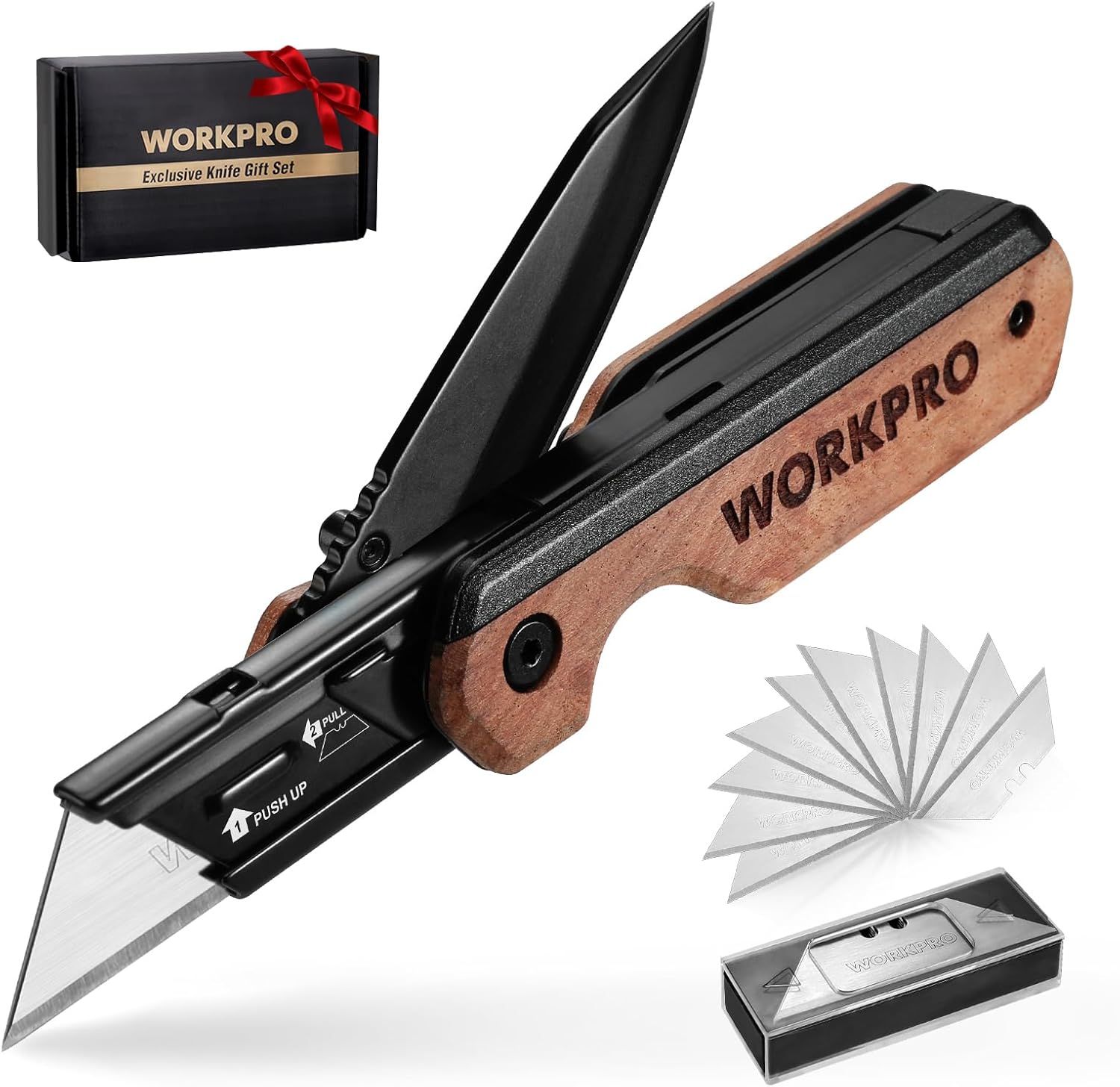 WORKPRO 2-in-1 Folding Knife/Utility Knife - Gifts for Dad, Quick-Change Box Cutter with Belt Clip and Liner Lock, Extra 10 SK5 Blades Included - Image 1