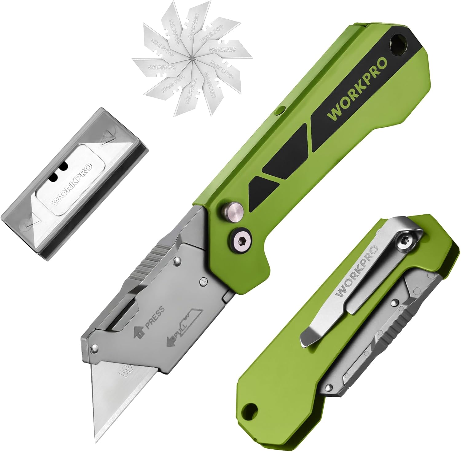 WORKPRO Box Cutter, Utility Knife Quick Change Blade Razor Knife, Folding Pocket Knife with Belt Clip and Axis Lock, 10 Extra Blades Included, Green - Image 1