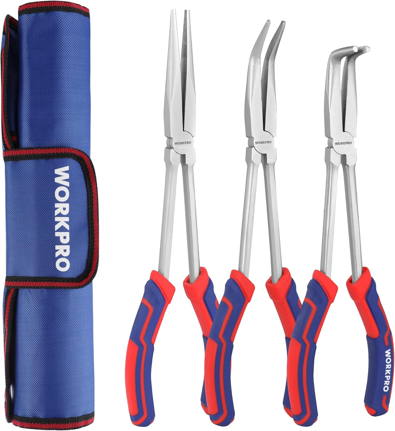 WORKPRO 3PC Long Reach Pliers Set, 11 Inch Extra Long Needle Nose Plier Set Includes Straight, 90° & 45° Bent Nose Plier, Pliers Tool Set for Narrow Spaces - Image 1