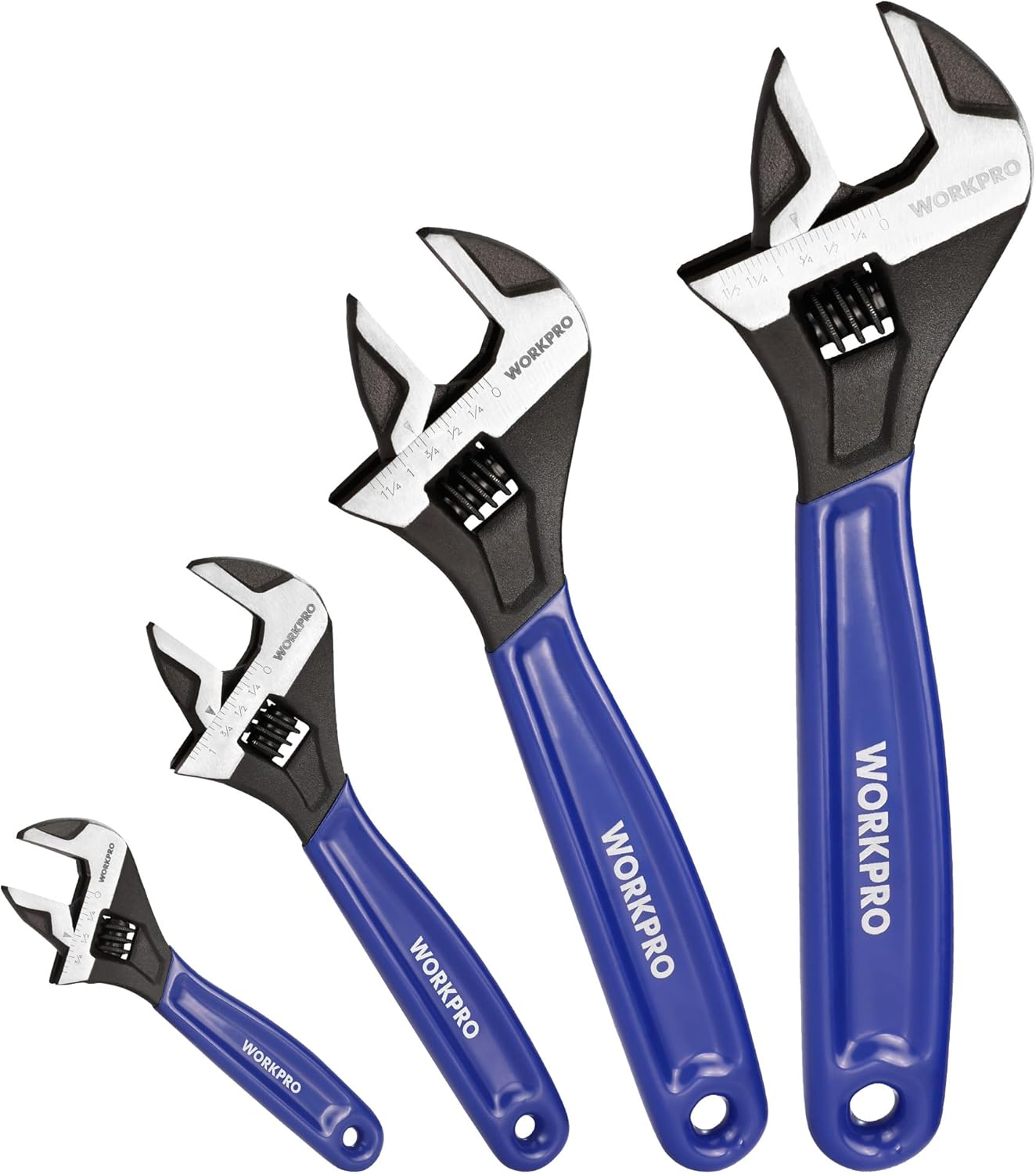 WORKPRO 4-piece Adjustable Wrench Set, 6-Inch & 8-Inch & 10-Inch & 12-Inch Wrenches, Wide Jaw Black Oxide Wrench, Metric & SAE Scales, Cr-V Steel, for Home, Garage, Workshop - Image 1