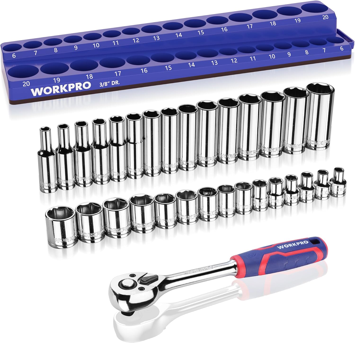 WORKPRO 32-Piece 3/8-inch Drive Metric Sockets and Ratchet-Including 30 Metric Deep and Shallow Sockets, 6-20mm with Magnetic Organizer and 72-Tooth Quick Release Reversible Ratchet for Auto Repair - Image 1