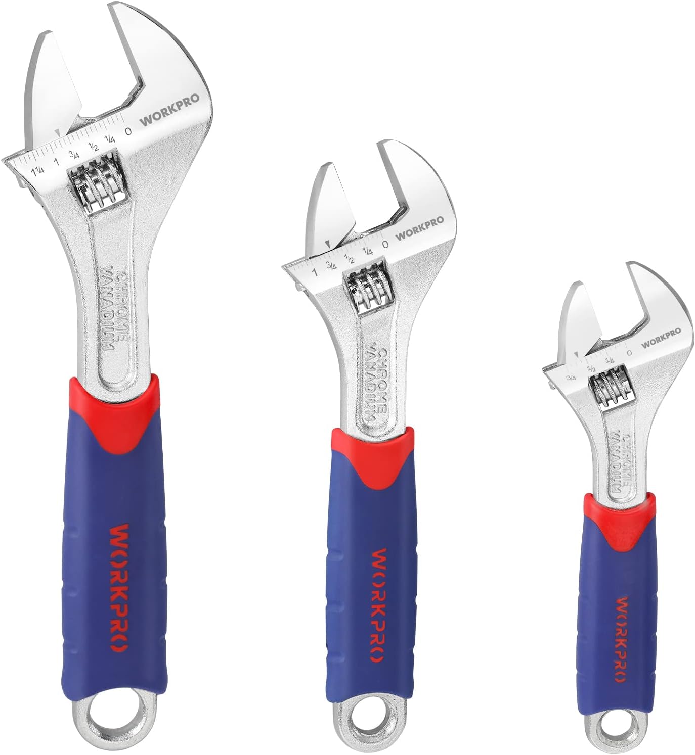 WORKPRO 3-piece Adjustable Wrench Set CR-V with Rubberized Anti-Slip Grips 10-inch, 8-inch, 6-inch - Image 1