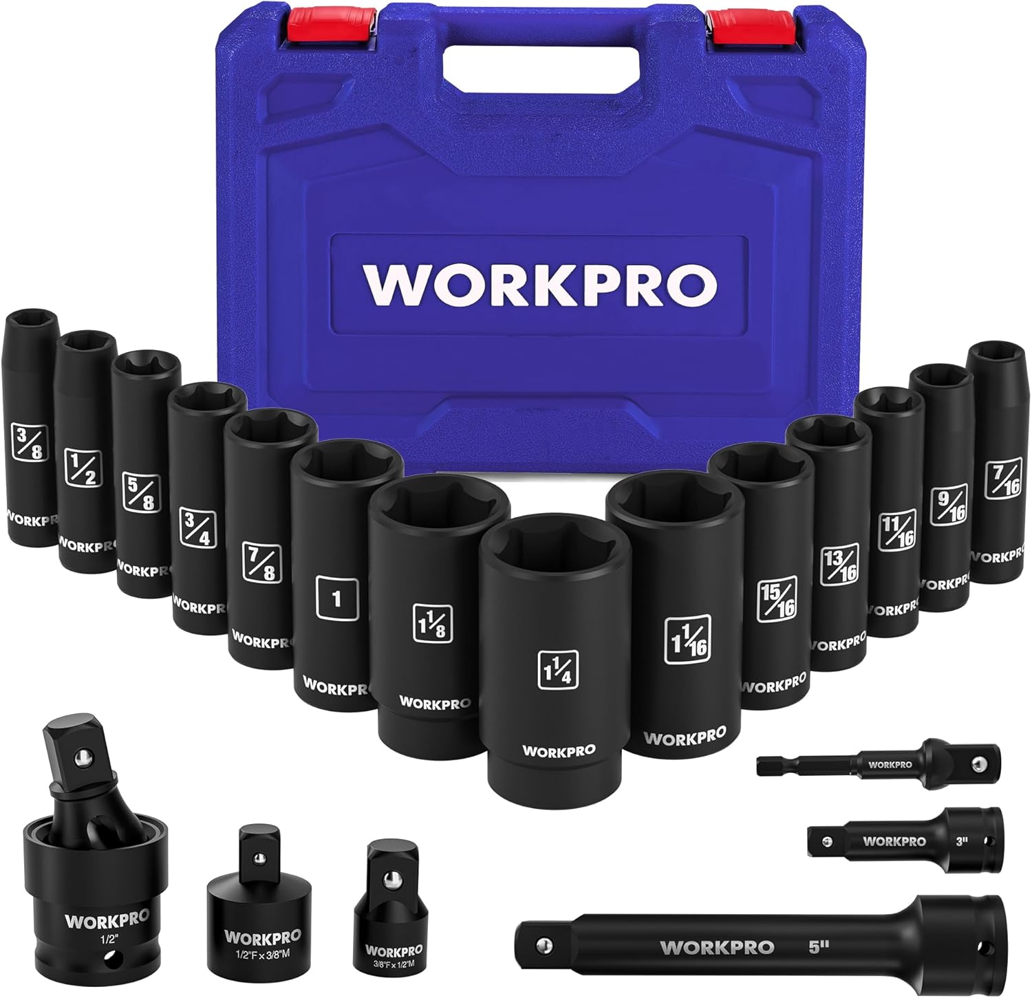 WORKPRO 20-Piece 1/2＂ Drive Deep Impact Socket Set, 6-Point, Cr-V Steel, 10-27mm, Universal Joint, Adapter and Extension Bar, SAE - Image 1