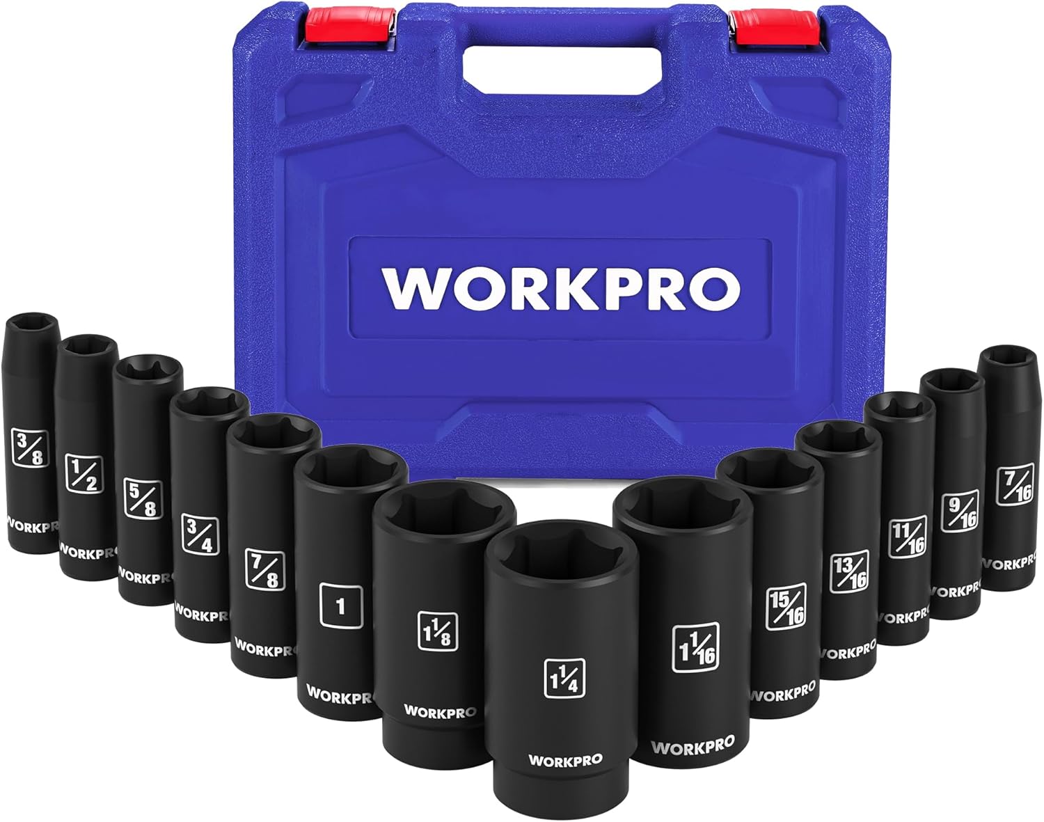 WORKPRO 14-Piece 1/2＂ Drive Deep Impact Socket Set, 6-Point Impact Deep Socket Set with Heavy Duty Storage Case for Automotive and Mechanical Repairs, 3/8"-1-1/4", Cr-V Steel, SAE - Image 1