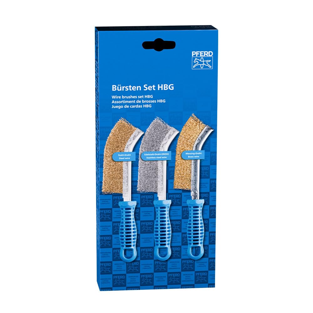 PFERD Hand Brush Set with 1 x Hand Brush with Brass-Plated Steel Wire, Stainless Steel Wire and Brass Wire Diameter 0.01" - Part 89386 - Image 1