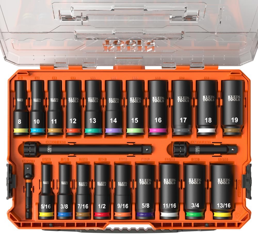 Klein Tools 65121IMPCT KNECT Deep-Well 3/8-Inch Drive Impact Socket Set, SAE and Metric, 23-Piece Tool Set, Impact Driver Adapter, Multi-Purpose Wrench Adapter, Color-Coded, MODbox Socket Organizer - Image 1