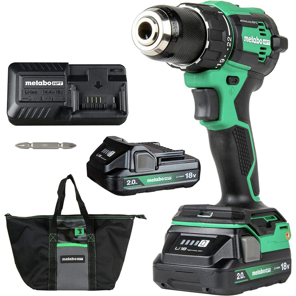 Metabo HPT 18V MultiVolt Cordless Brushless Hammer Drill Kit, Compact Power Drill with 2 Lithium-Ion Metabo Batteries, Charger, Carrying Bag and Accessories, High Torque, 2-Speed, DV18DEX - Image 1