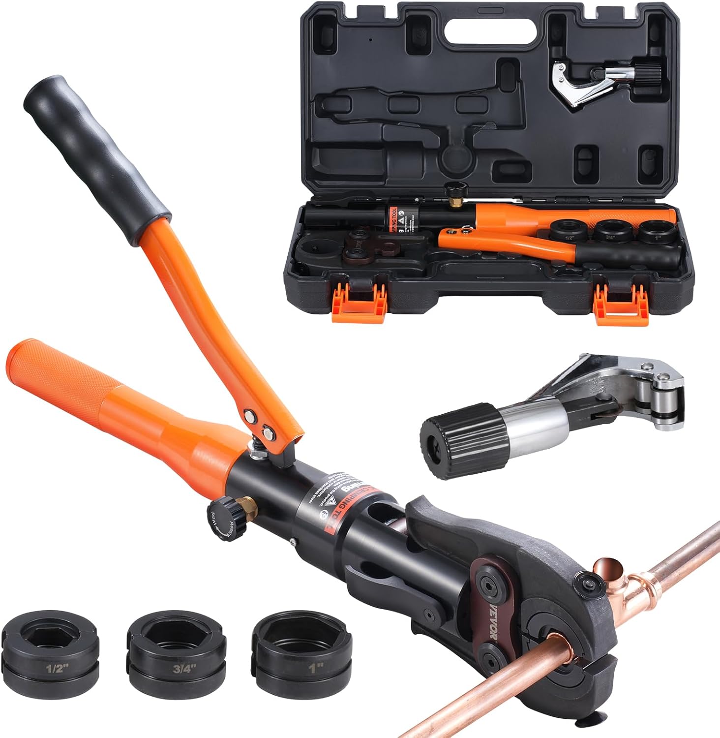 VEVOR Copper Pipe Crimping Tool, Hydraulic Driven Press Tool with 1/2", 3/4", 1" Jaws, Copper Tube Fittings Pipe Crimpers for Narrow Spaces and Tee Fittings - Image 1