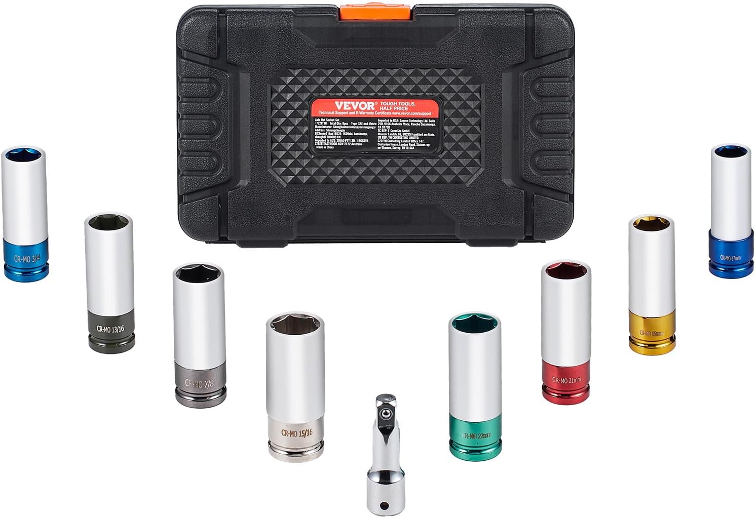 VEVOR 9-Piece Lug Nut Impact Socket Set 1/2 Inch Drive, Metric and SAE, 6-Point, CR-MO, Deep Wheel Protector Impact Socket Set With Storage Case and Extension Bar for Auto Repair - Image 1
