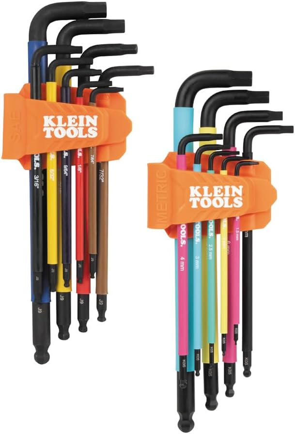 Klein Tools BLS18 Hex Key Wrench Set, Color Coded, SAE and Metric, Heat-Treated, L-Style, Long Arm and Ball End, 1/16-Inch to 3/8-Inch and 1.5 mm to 10 mm, 18-Piece - Image 1