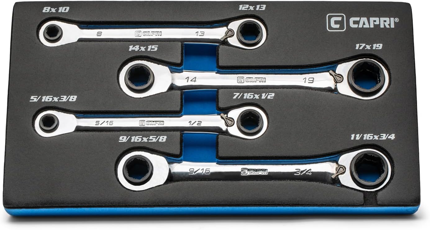 Capri Tools 4-in-1 120-Tooth Box End Reversible Ratcheting Wrench Set, Metric and SAE, 4-Piece with 16 Sizes - Image 1