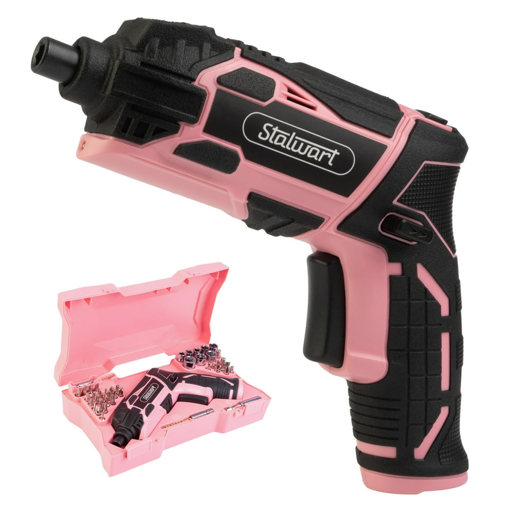 Electric Screwdriver Cordless Drill with Battery and Charger - 45-Piece Cordless Screwdriver Set with LED Light, USB Cable, Dual Position Screw Gun and Bits for Home, Office and DIY by Stalwart (Pink) - Image 1