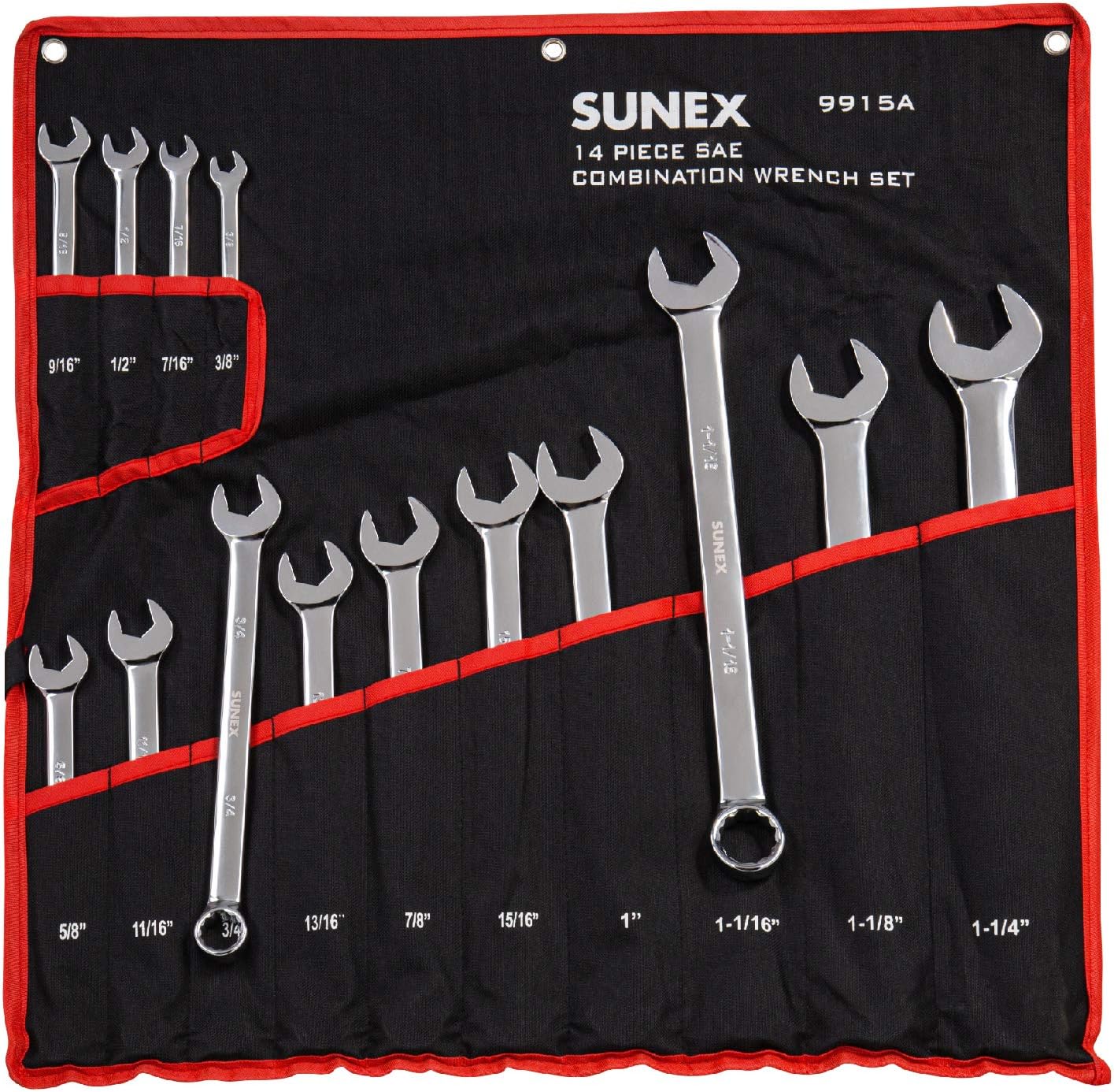 Sunex 9915 V-Groove Fractional Full Polish Combination Wrench Set, 3/8-Inch - 1-1/4-Inch, Fully Polished, 14-Piece (Includes Roll-Case) - Image 1