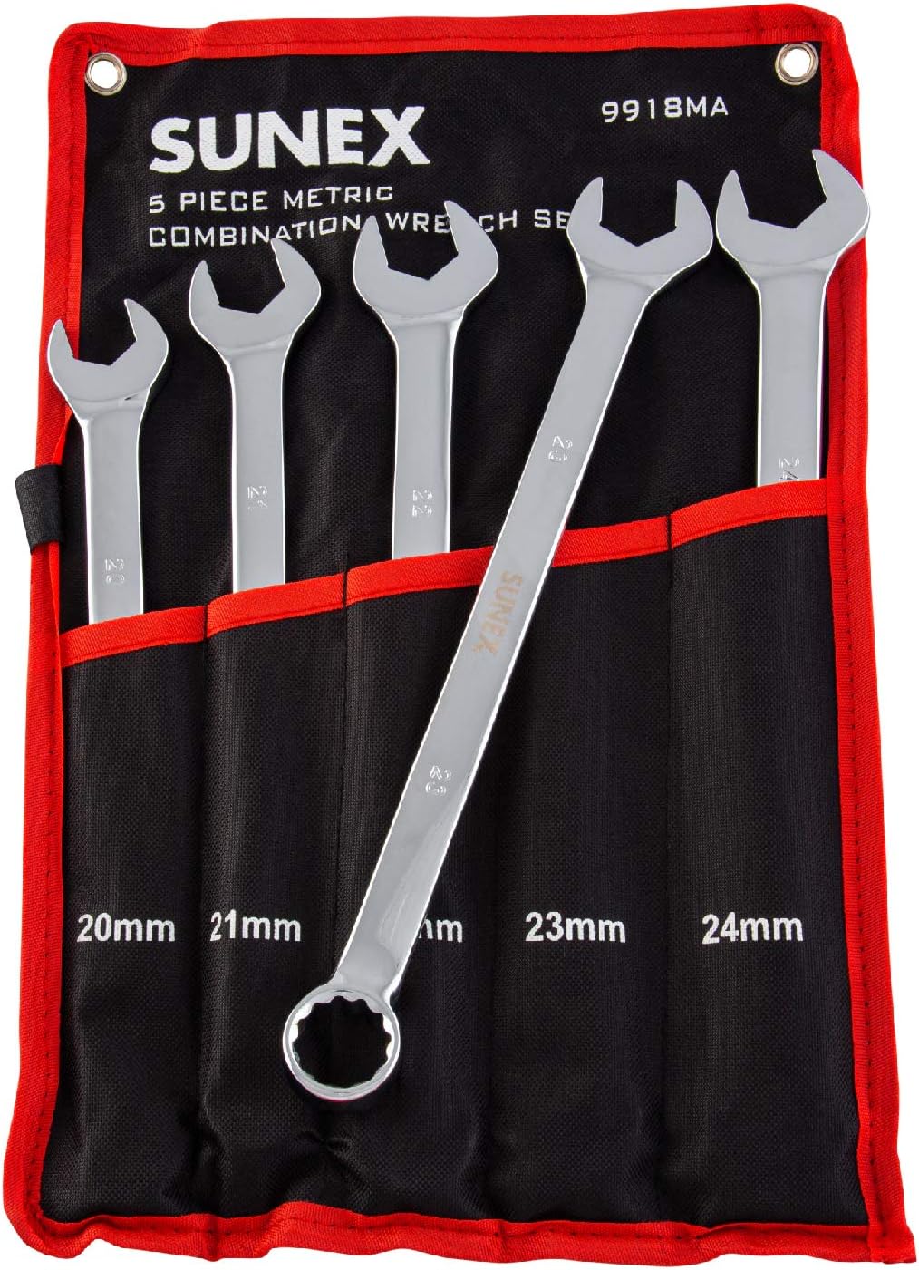 Sunex Tools 9918MA Metric V-Groove Combination Wrench Set, 20mm - 24mm, Fully Polished, 5-Piece (Includes Roll-Case) - Image 1