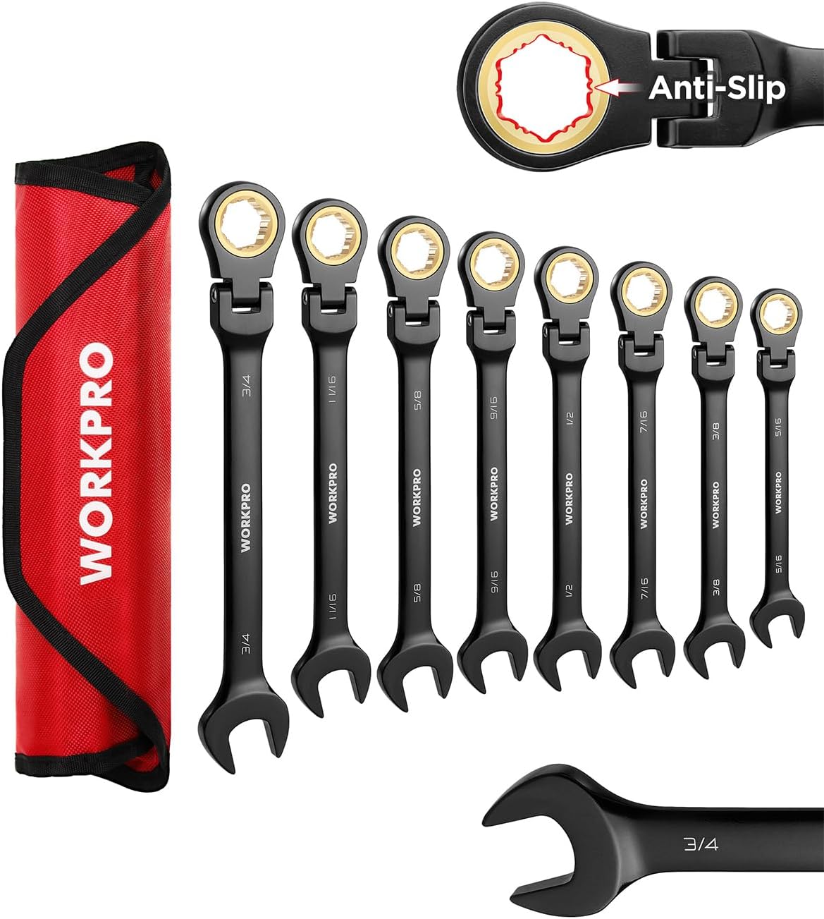 WORKPRO Ratcheting Combination Wrench Set, 8-piece Flex-Head Anti-Slip Set SAE 5/16-3/4 inch, 72-Teeth, Cr-V Constructed, Black Electrophoretic Coating with Rolling Pouch - Image 1