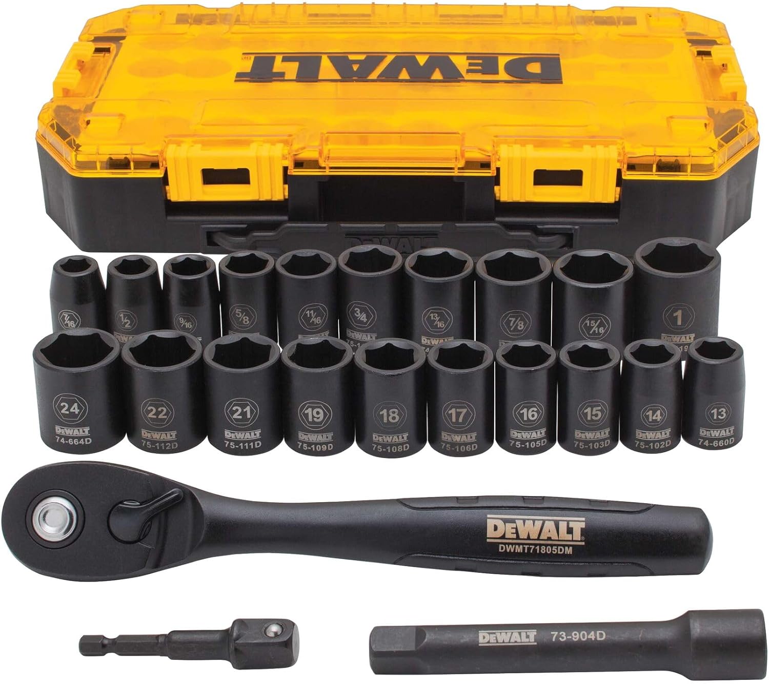DEWALT Impact Socket Set with Ratchet, Metric/SAE, 1/2" Drive, 23-Piece Set with Case (DWMT74739)  - Image 1