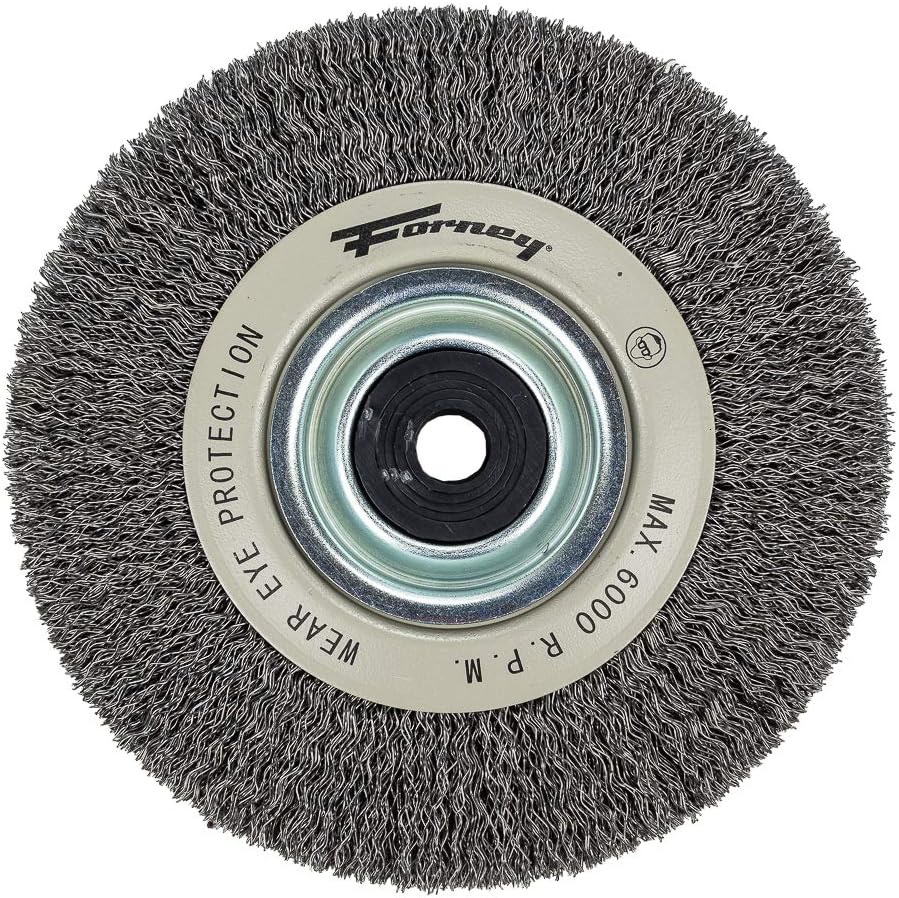 Forney 72895 Wire Bench Wheel Brush, Industrial Pro Crimped with 1/2-Inch Through 2-Inch Multi Arbor, 6-Inch-by-.012-Inch - Image 1