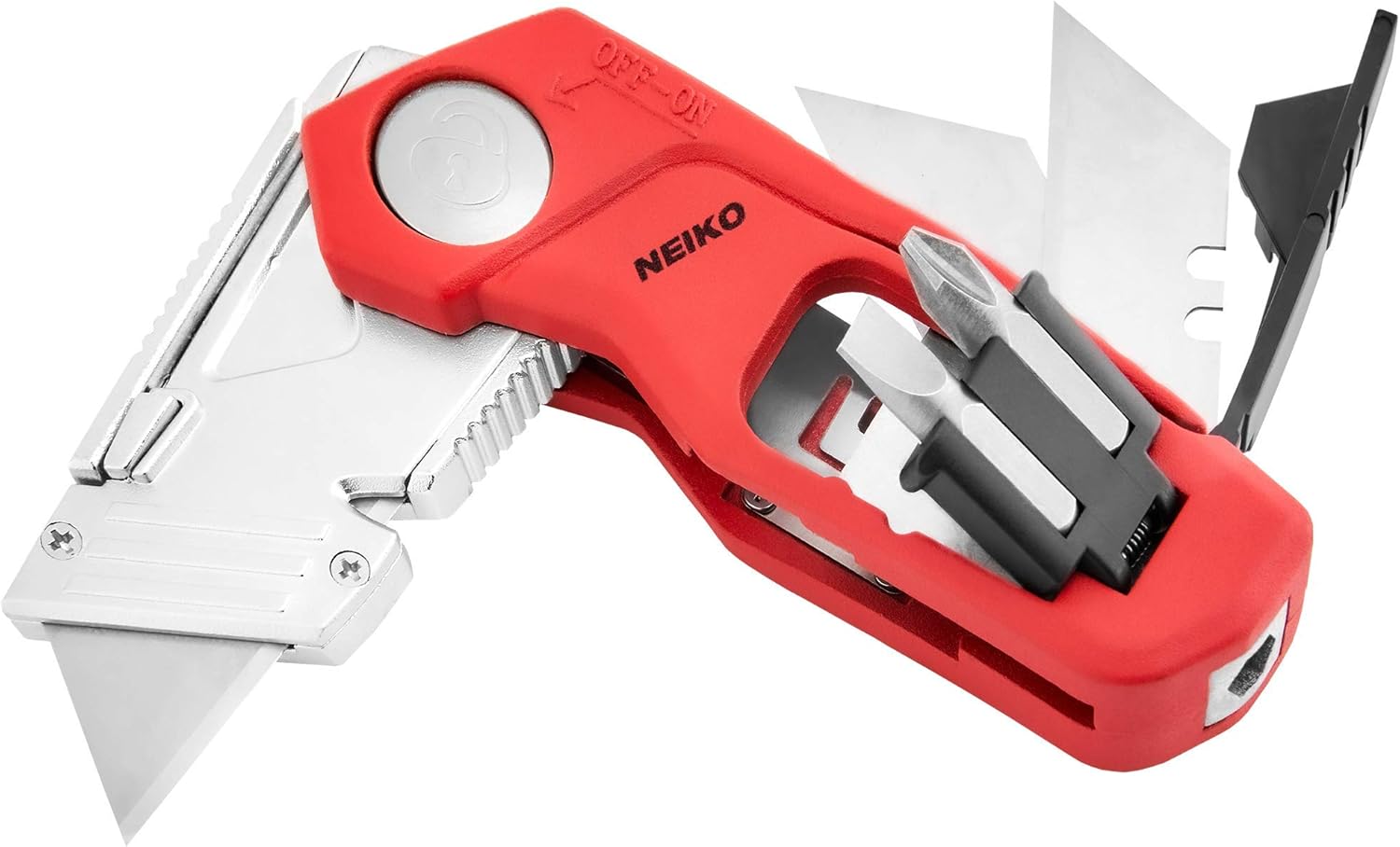 NEIKO 00678A 4-In-1 Folding Utility Knife Box Cutter Knives & Wire Stripper, Tool Hex Bit Holder Utility Work Knife & Bit Storage, Carpet Knife, Heavy Duty Box Cutter, Great work knife for men & women - Image 1