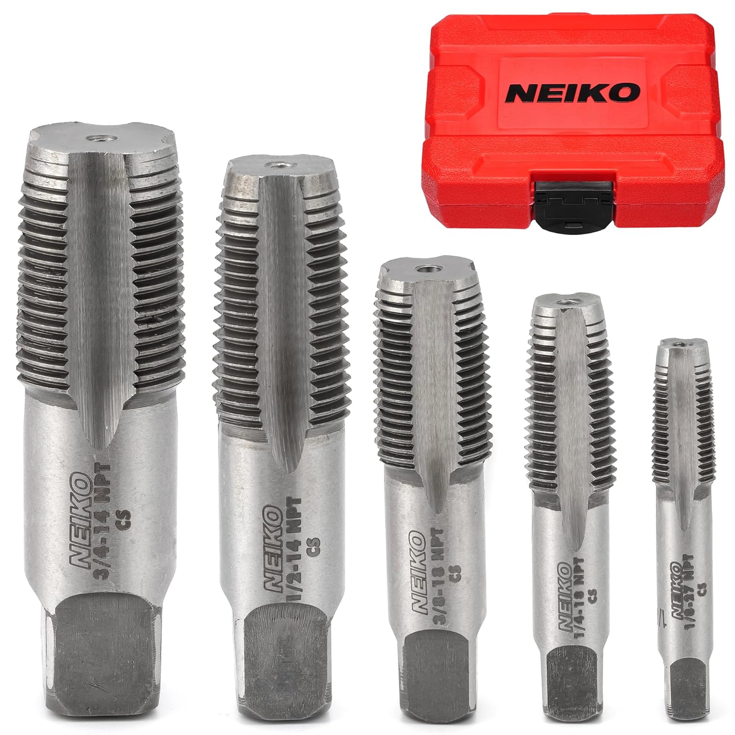 NEIKO 00930A NPT Pipe Tap Set, 5-Piece, Copper, Brass and PVC Pipe Threader 1/8"-27, 1/4"-18, 3/8"-18, 1/2"-14, 3/4"-14 NPT Pipe Threading Tool Taper Taps, Plumbing Rethreading, Thread Tapping - Image 1