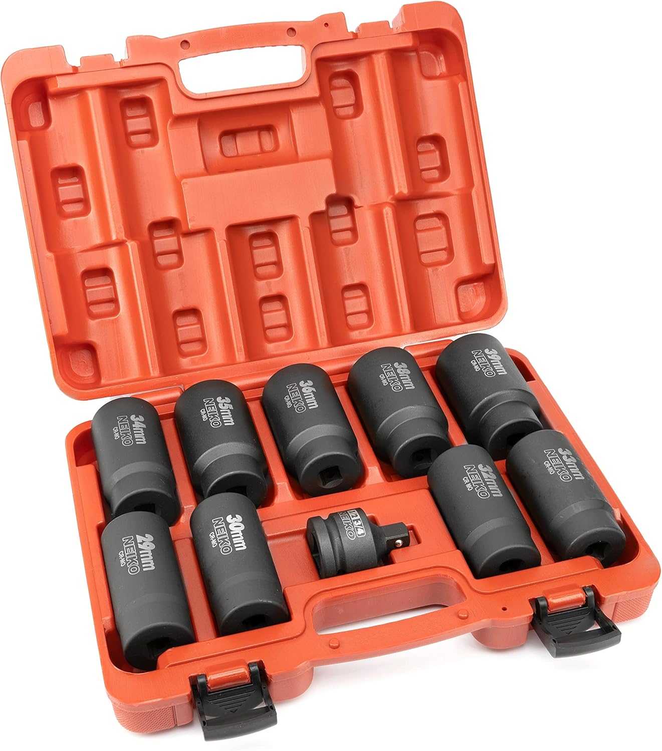 NEIKO 02531A 10 Piece 12 Point Socket Set 1/2” Drive, Lug Nut Remover, Spindle Nut Socket, Axle Nut Socket Set, Metric 29-39mm Socket 1/2 Drive Impact Set, Cr-Mo Impact Adapter, 3/4" -1/2” Reducer - Image 1
