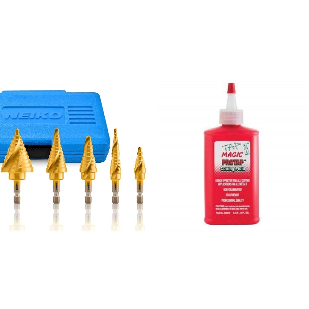 NEIKO Step Drill Bit Set for Metal and Wood (5 Piece) and Tap Magic ProTap Cutting Fluid (4 oz.) - Image 1