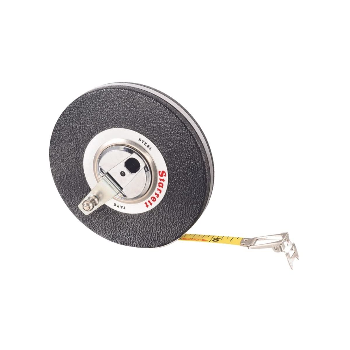 Starrett Closed Reel Long Line Tape with Nylon Rollers, Rewind Mechanism, and Folding Hook Ring - 100' Length, 3/8" Width, 1/8" Graduation, L1 Graduation Style Number - 530-100 - Image 1